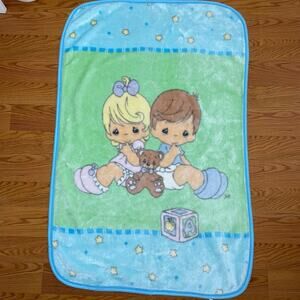 Vintage Precious Moments Baby Blanket Fleece Plush Green Blue Boy Girl Stars